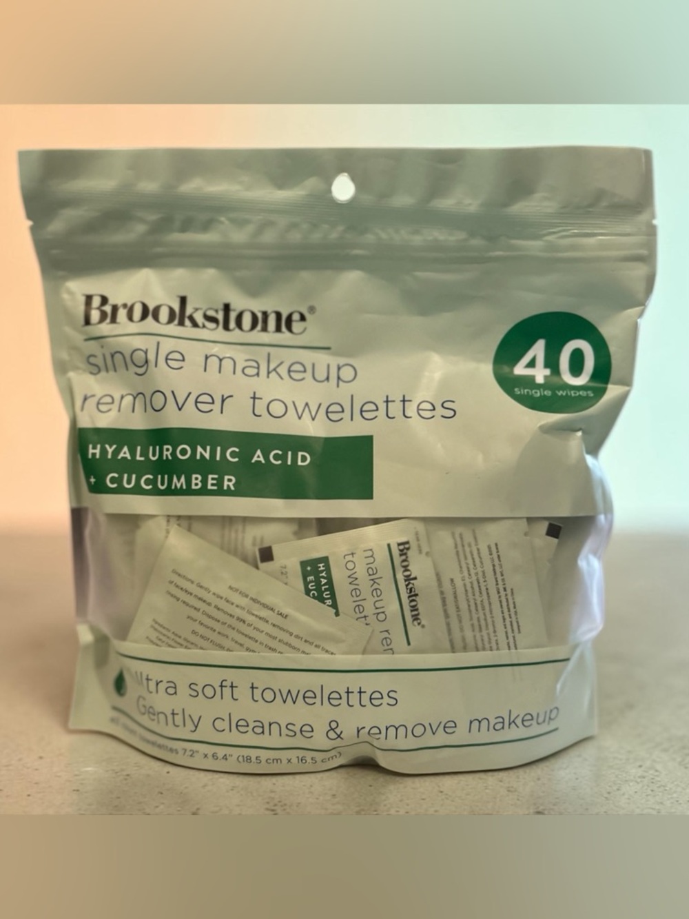 Brookstone Hyaluronic Acid + Cucumber Makeup Remover Towelettes 40 single wipes.
